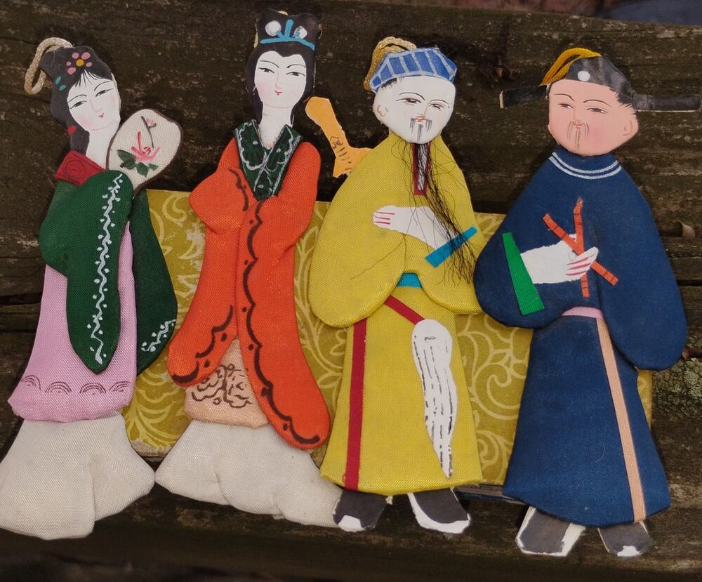 Vintage Chinese Silk Doll Figures 4” Set w/ Original Box